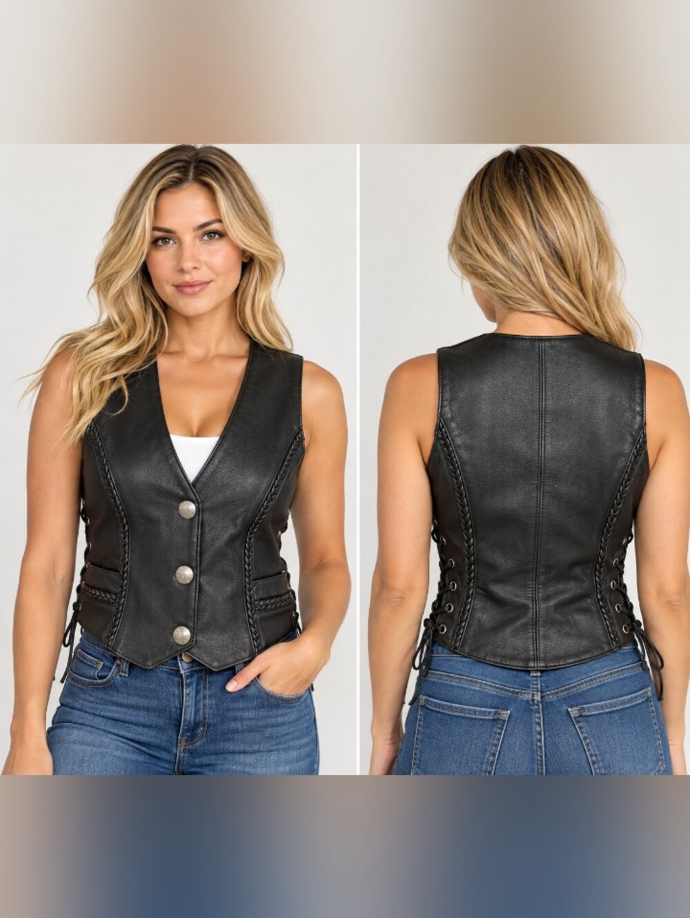 hot leathers leather biker vest buffalo nickel snaps braided trim small
